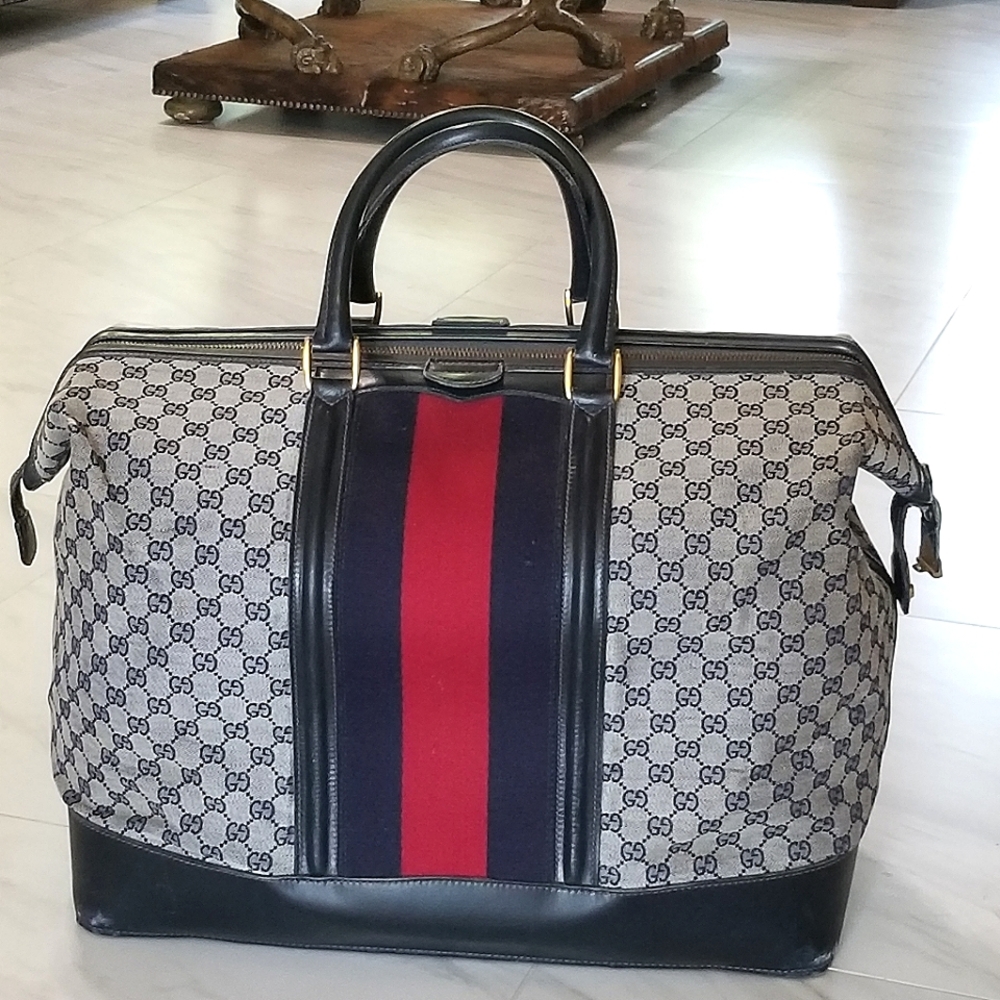 Fabulous Rare Vintage Gucci web travel weekender Boston Train Case luggage bag
